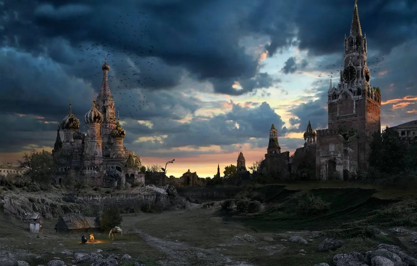Фото обои небо, москва, вечер, кремль, руины, россия, собор василия блаженного