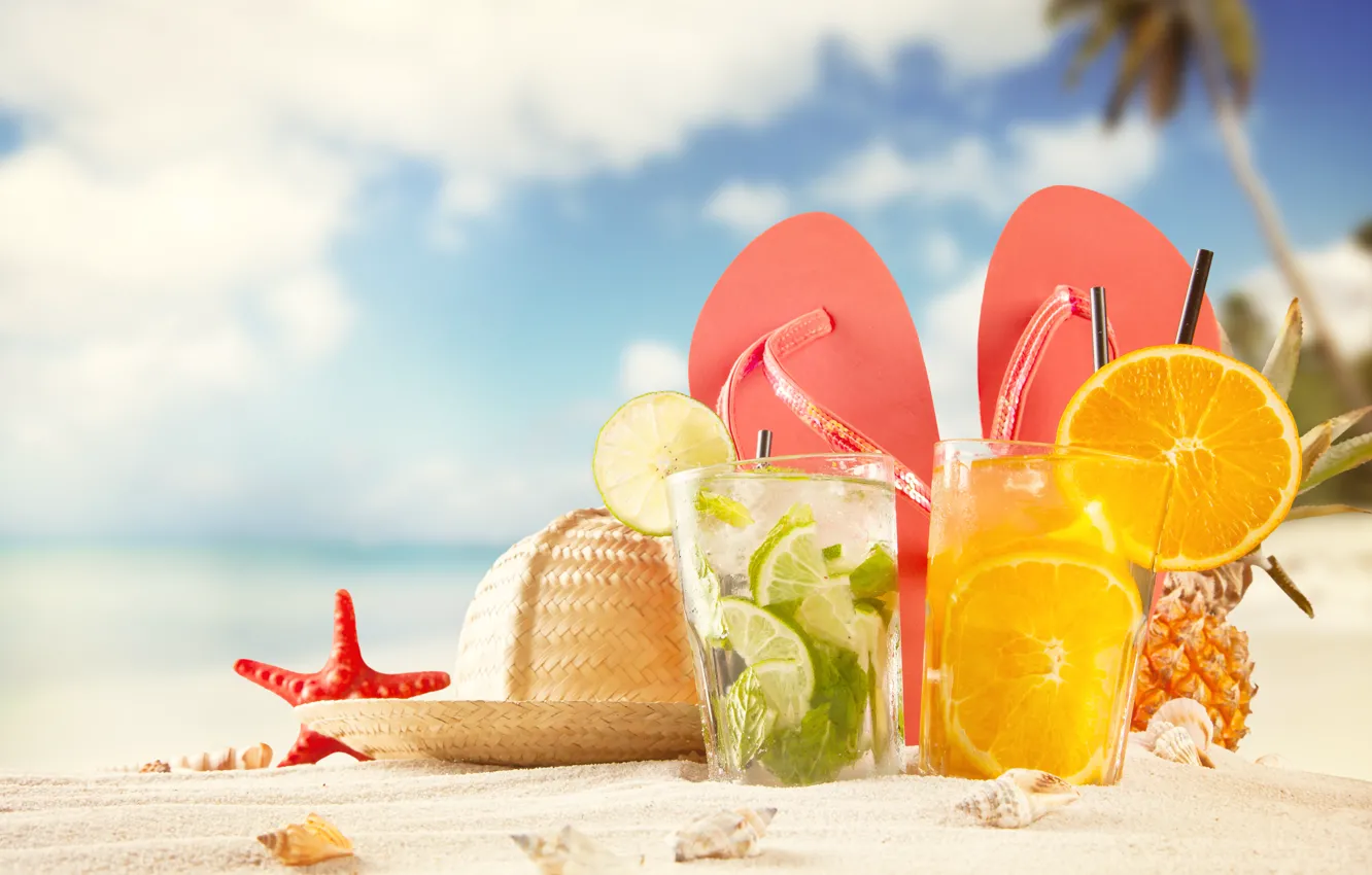 Фото обои песок, пляж, лето, апельсин, шляпа, лайм, ракушки, морская звезда