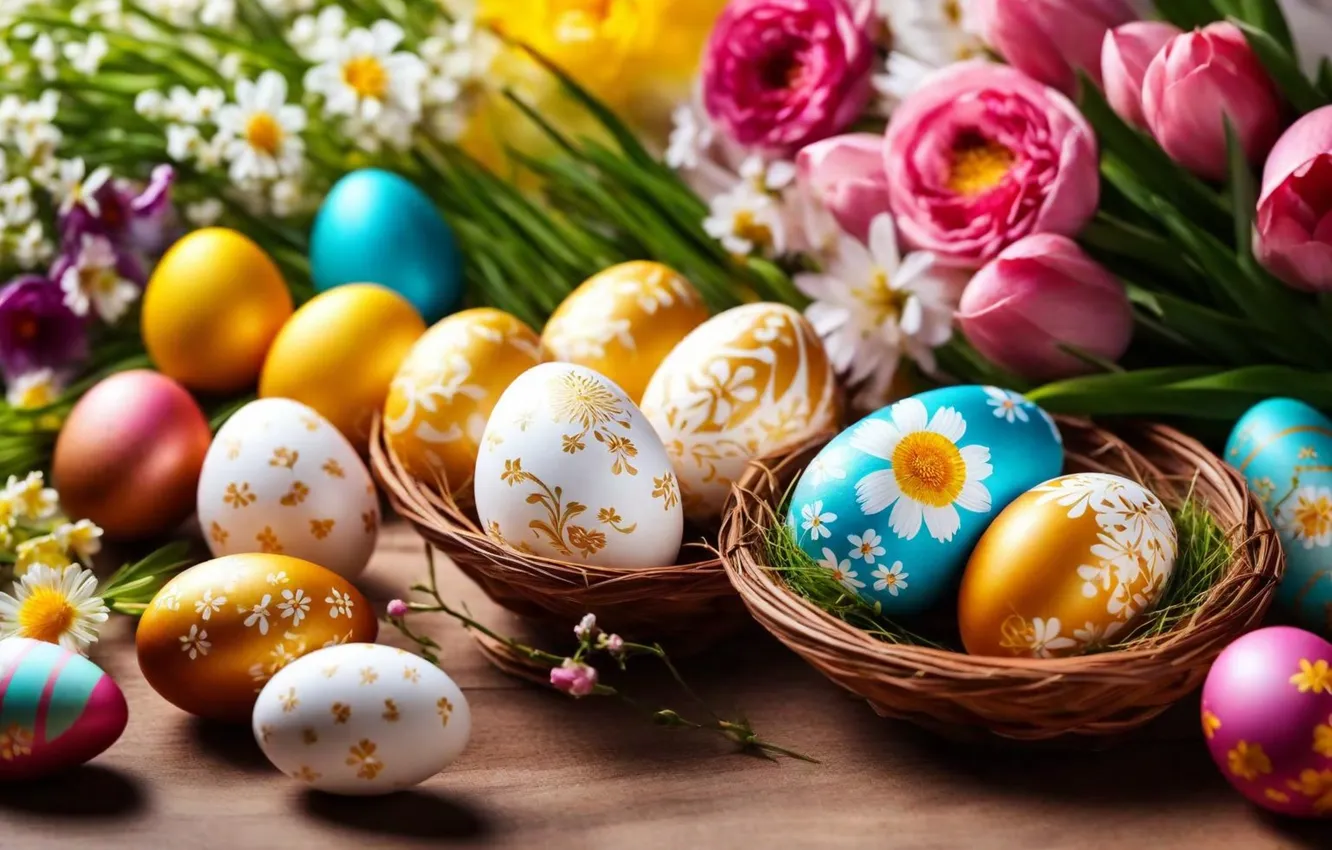 Фото обои цветы, яйца, весна, colorful, Пасха, happy, flowers, spring