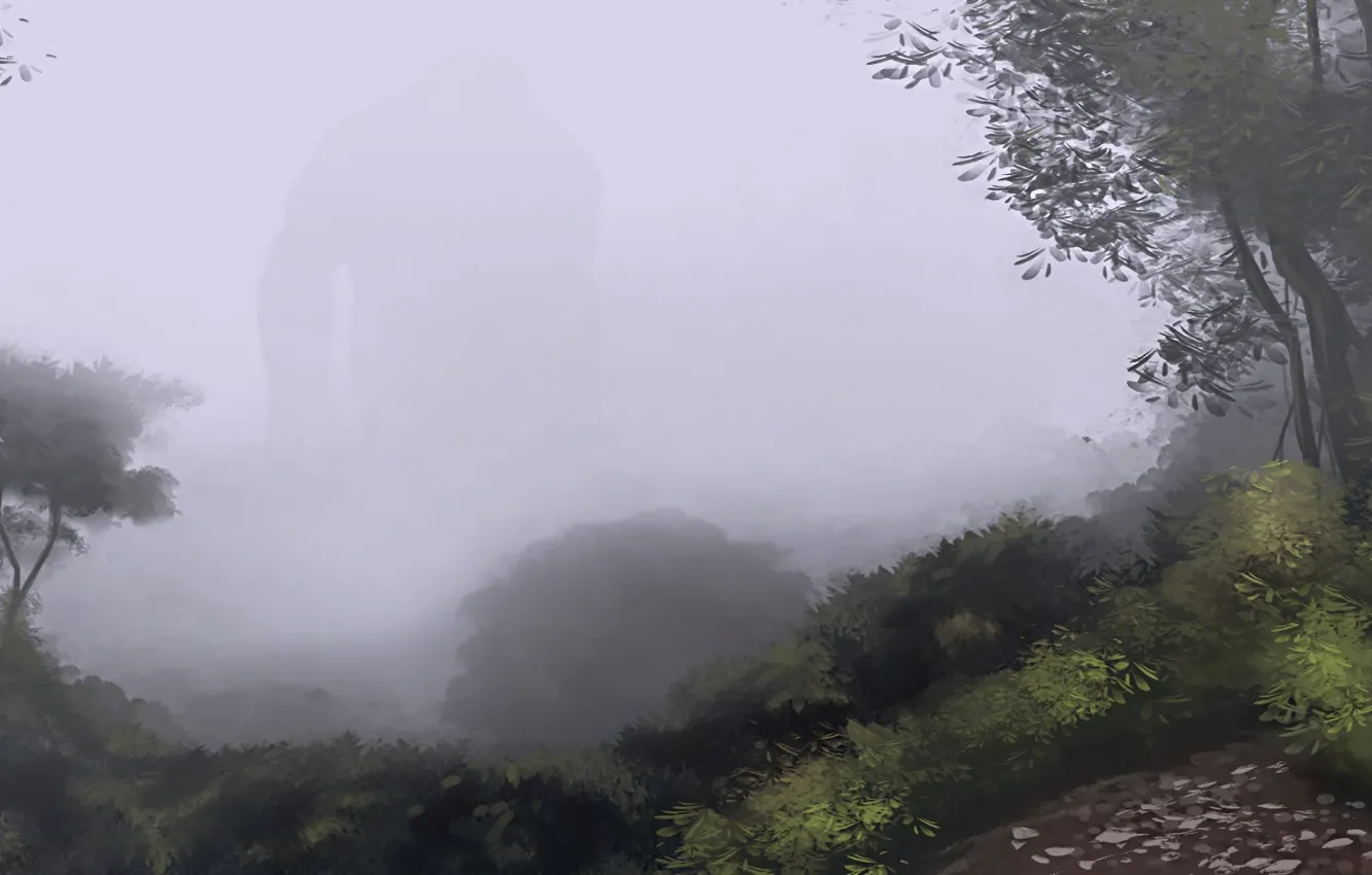 Фото обои деревья, туман, камни, фигура, силуэт, арт, дорожка, гигант