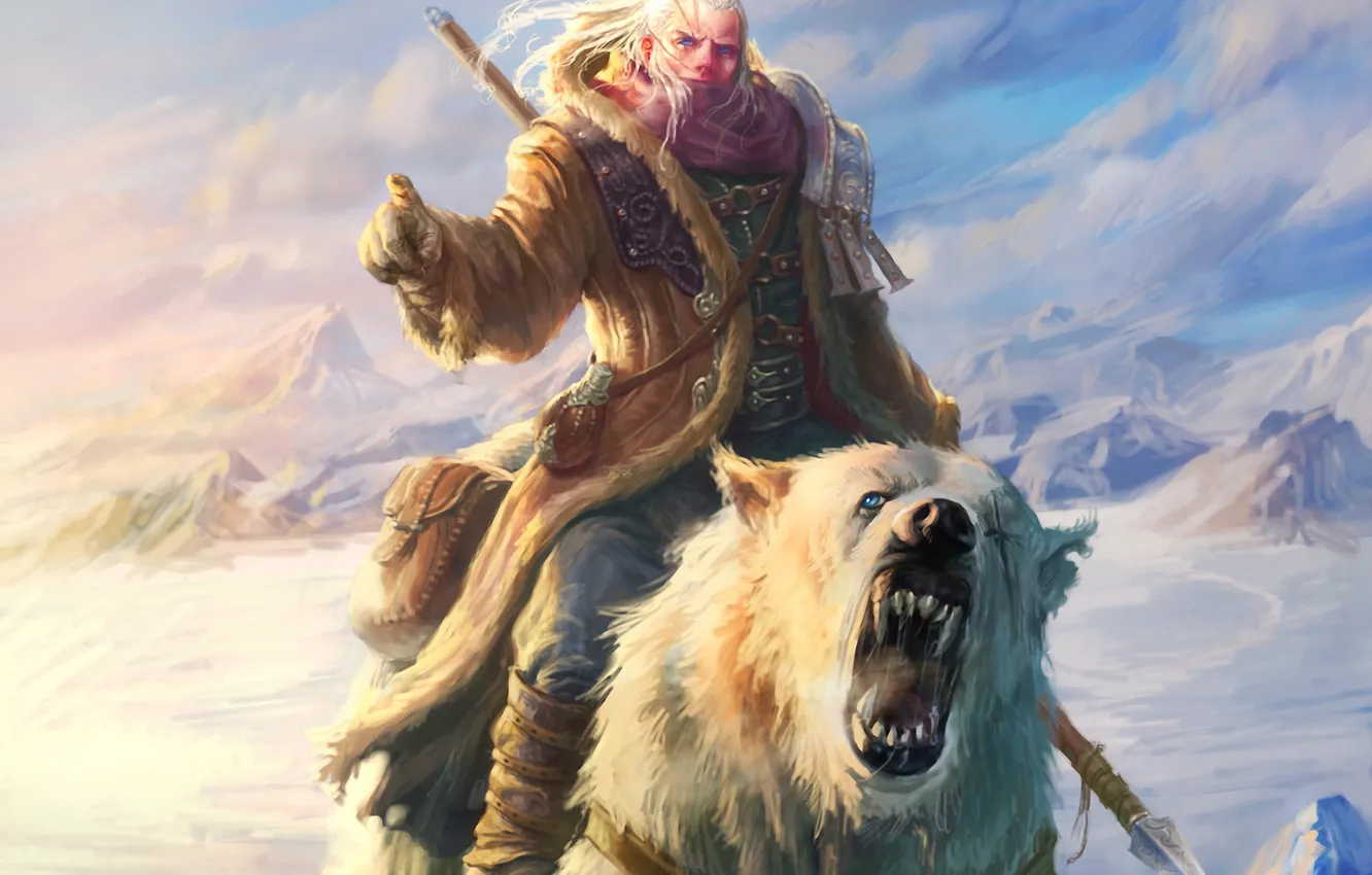 Фото обои снег, горы, медведь, мужчина, копье, Арт, охотник
