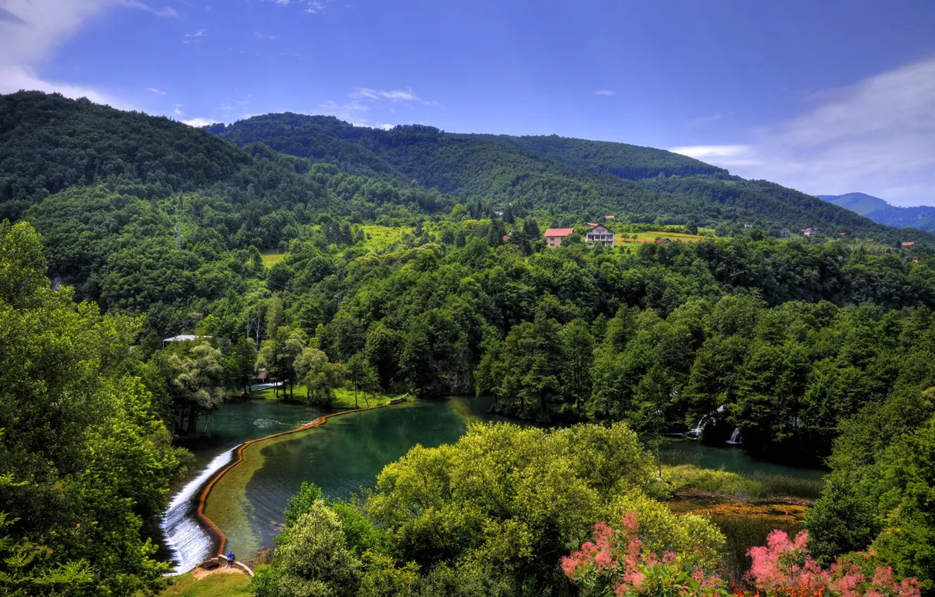 Фото обои лес, деревья, природа, река, холмы, Босния и Герцеговина, Pliva Jajce