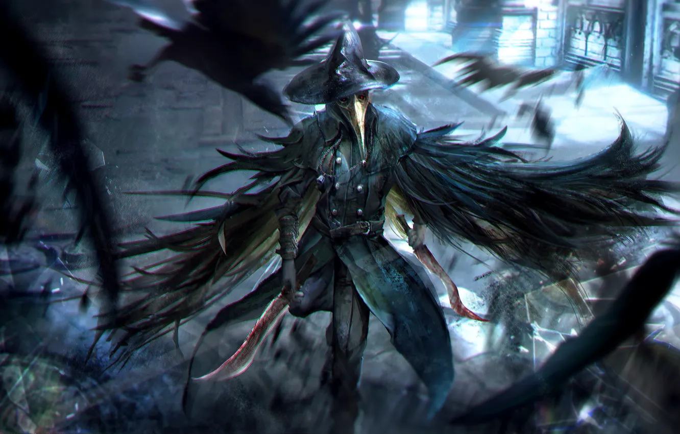 Фото обои шляпа, маска, охотник, art, rpg, bloodborne, crow hunter