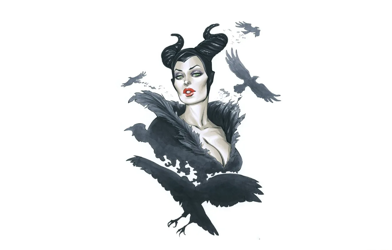 Фото обои girl, fantasy, minimalism, artwork, fantasy art, white background, simple background, crows