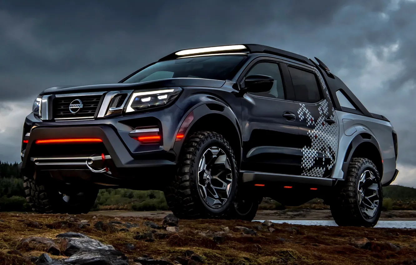 Фото обои пасмурно, берег, растительность, Nissan, пикап, 2018, Navara, Dark Sky Concept