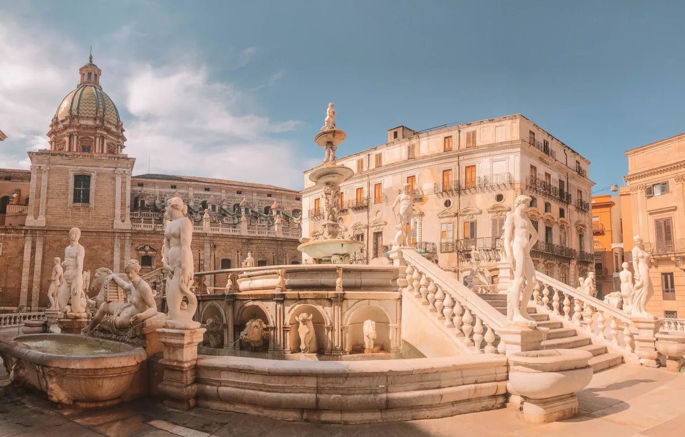 Фото обои скульптуры, Сицилия, Палермо, Фонтан стыда, Fontana Pretoria