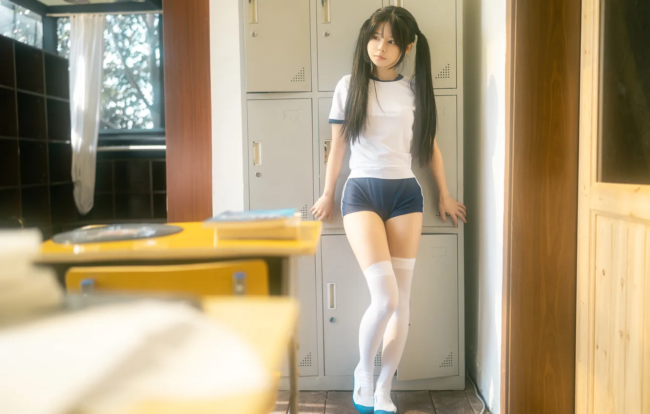 Фото обои Asian, school uniform, long hair, model, women, cosplay, T-shirt, petite