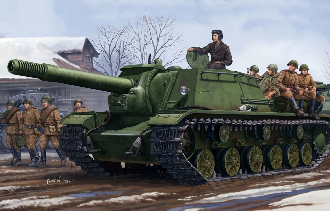 Фото обои арт, солдаты, Великая Отечественная война, самоходно-артиллерийская установка, советская, пт-сау, Су-152