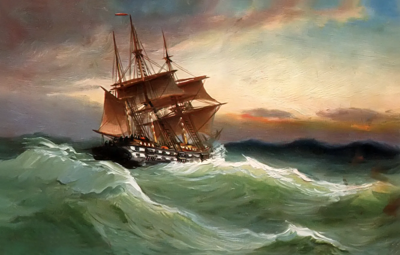 Фото обои море, волны, небо, пейзаж, шторм, корабль, картина, паруса