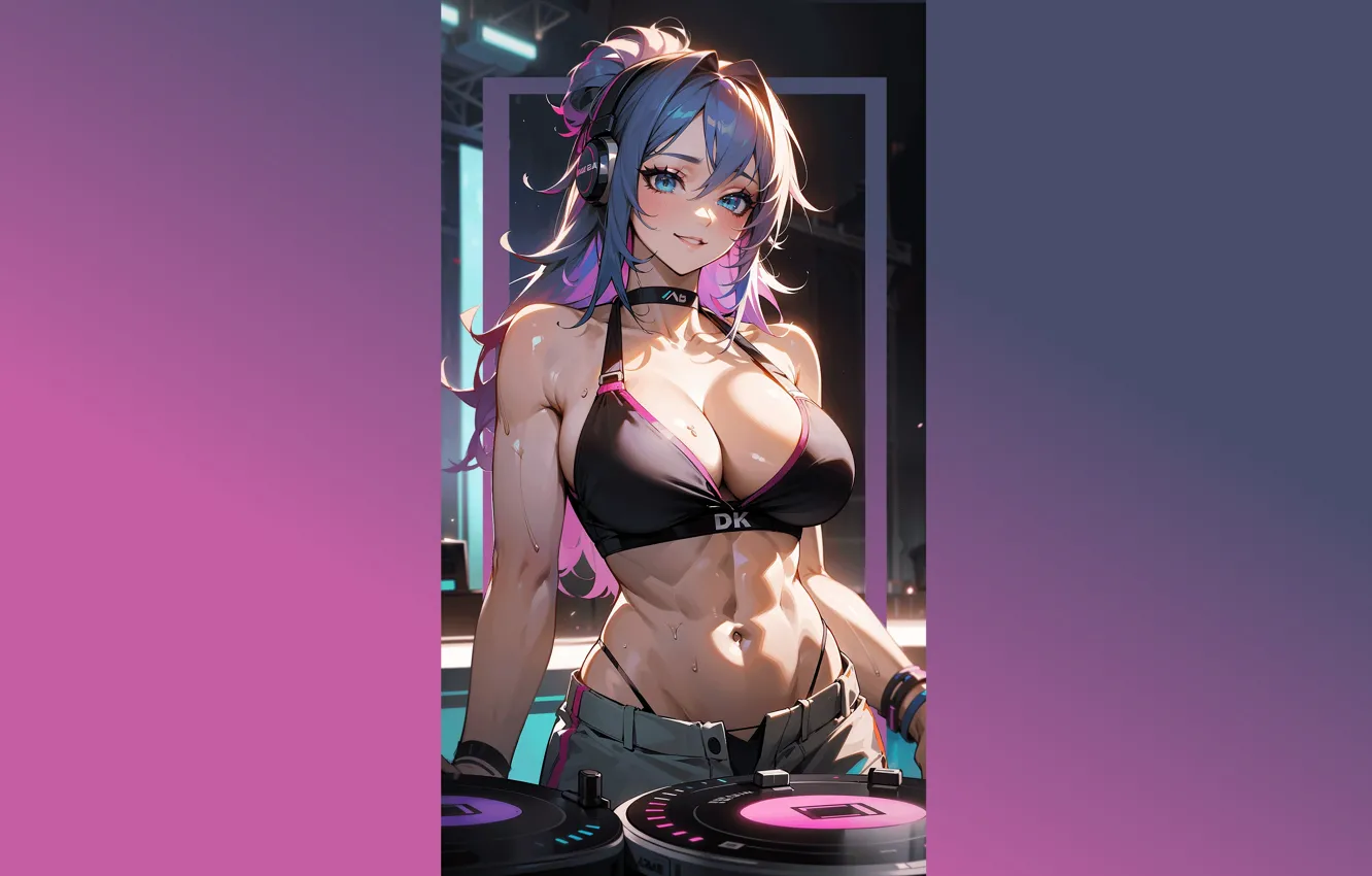 Фото обои girl, hot, sexy, boobs, muscle, anime, headphones, pretty