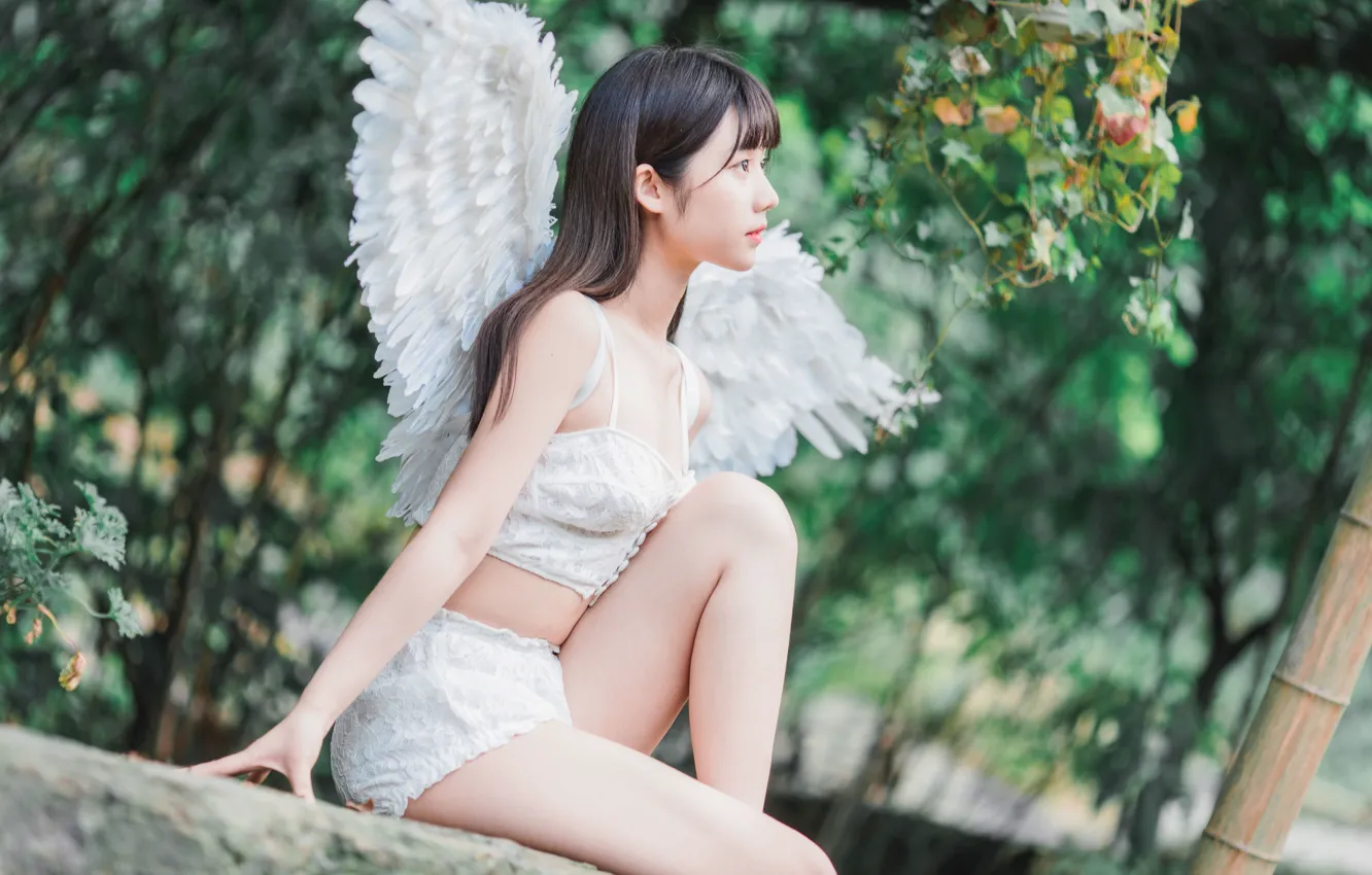 Фото обои Beautiful, Asian, Model, Angel, Woman, Pretty, Wings, Outdoor