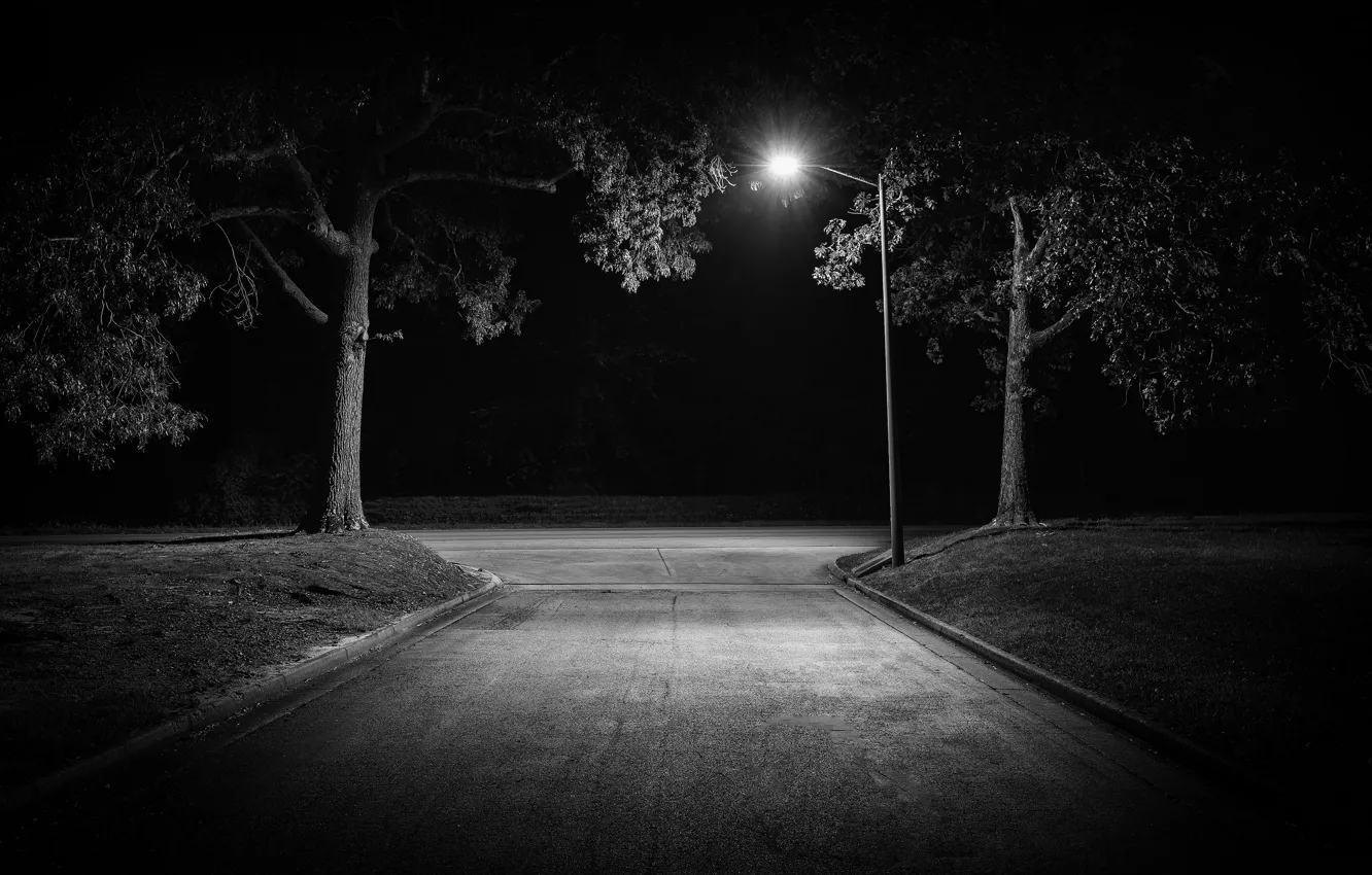 Фото обои дорога, ночь, фонарь