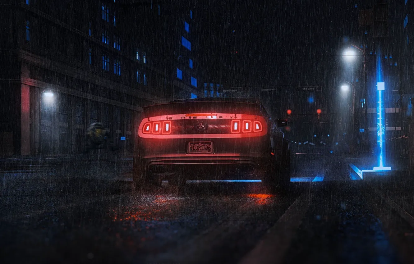 Фото обои ночь, дождь, улица, mustang, ford