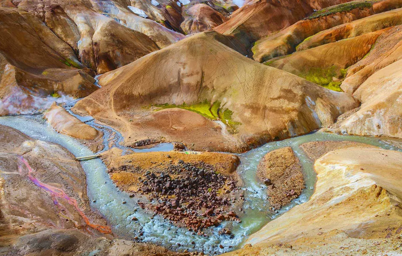 Фото обои мост, река, ландшафт, field, geothermal hot spring, геотермальные горячие источники, Kerlingafjoll