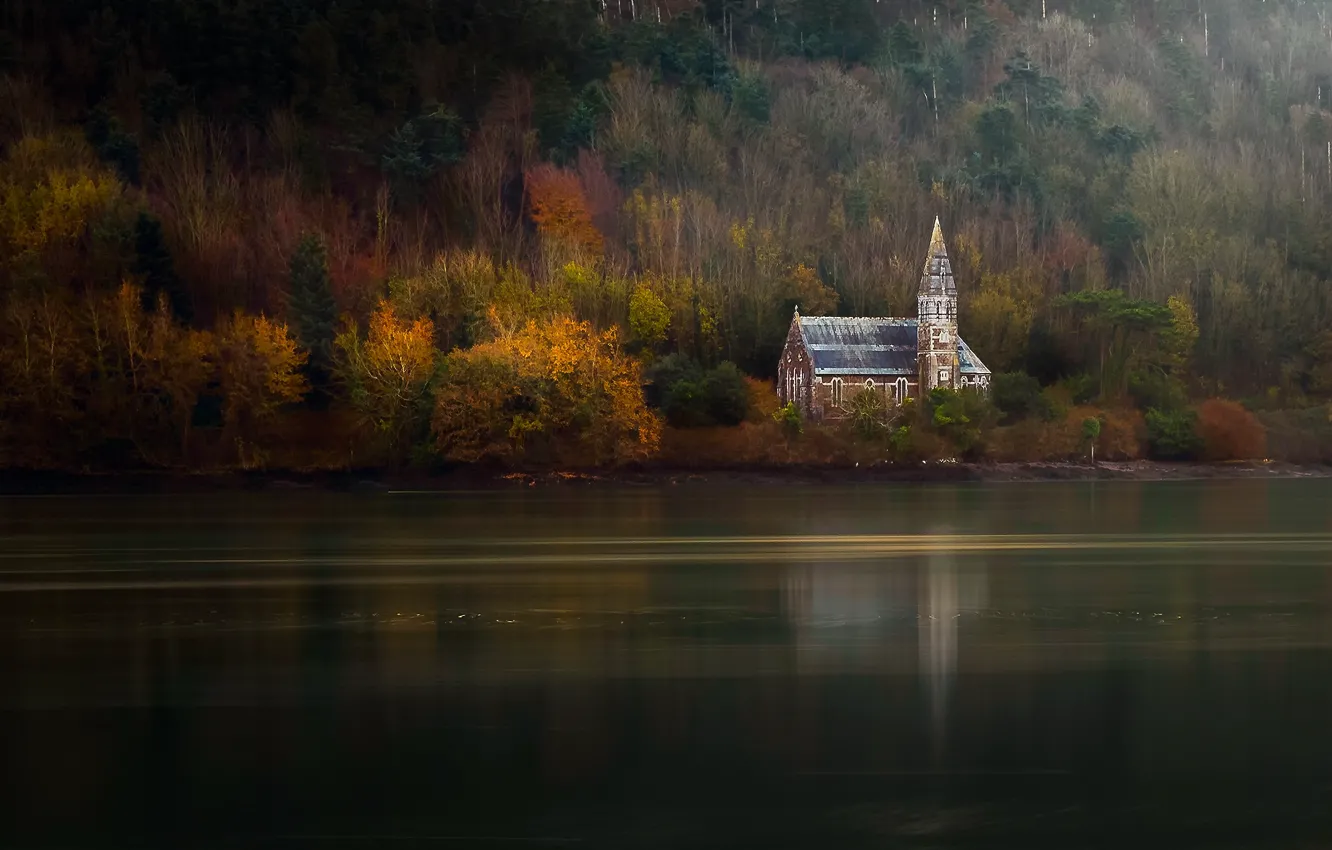 Фото обои осень, деревья, река, церковь, леса