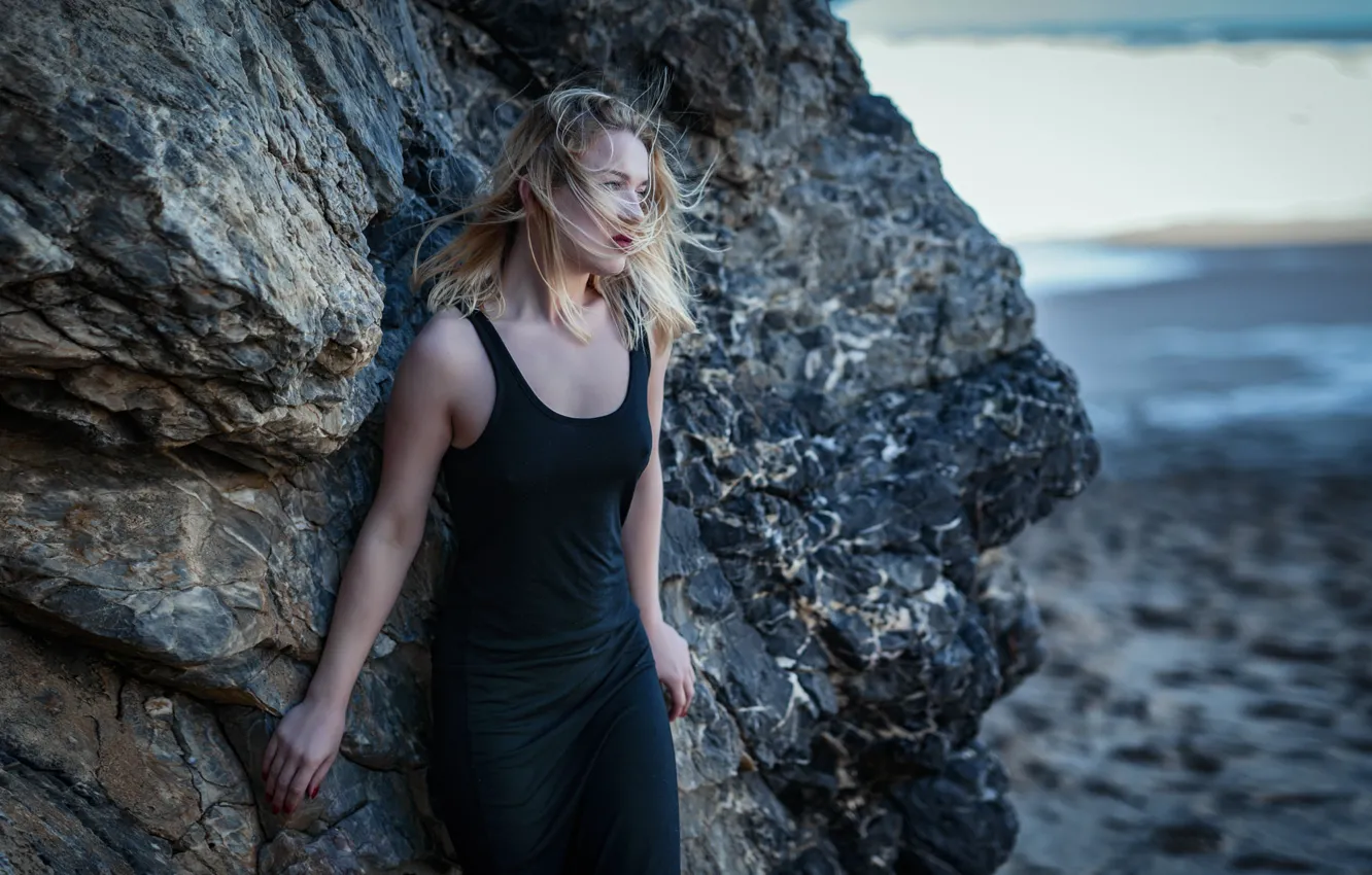 Фото обои море, девушка, природа, поза, скала, ветер, берег, волосы