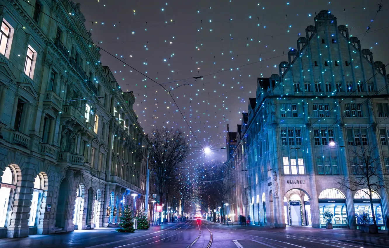 Фото обои зима, ночь, огни, улица, Швейцария, гирлянда, Switzerland, Zurich