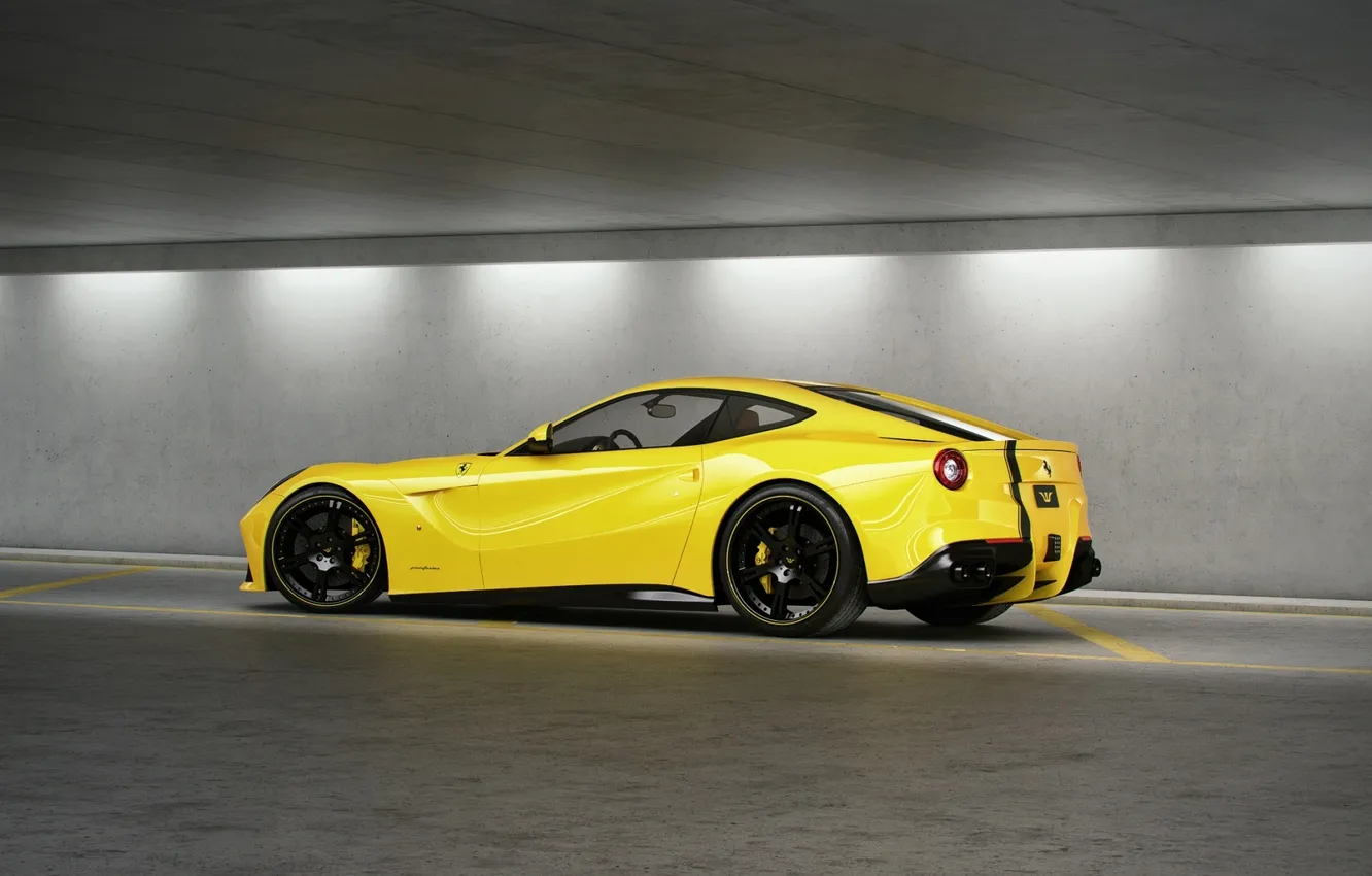 Фото обои жёлтый, профиль, ferrari, феррари, yellow, чёрные диски, F12 berlinetta, ф12 берлинетта