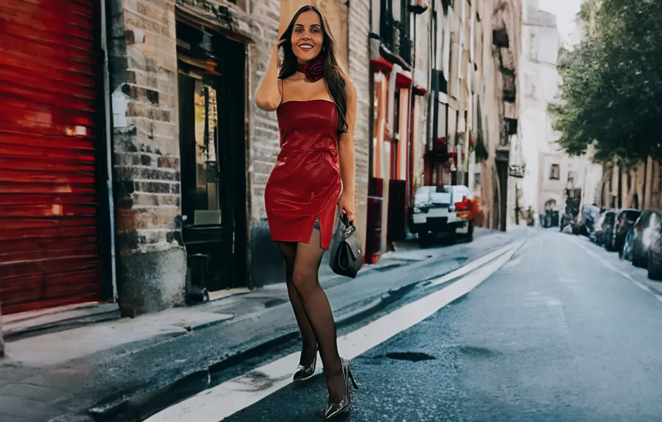 Фото обои city, wallpaper, girl, road, dress, legs, woman, stockings