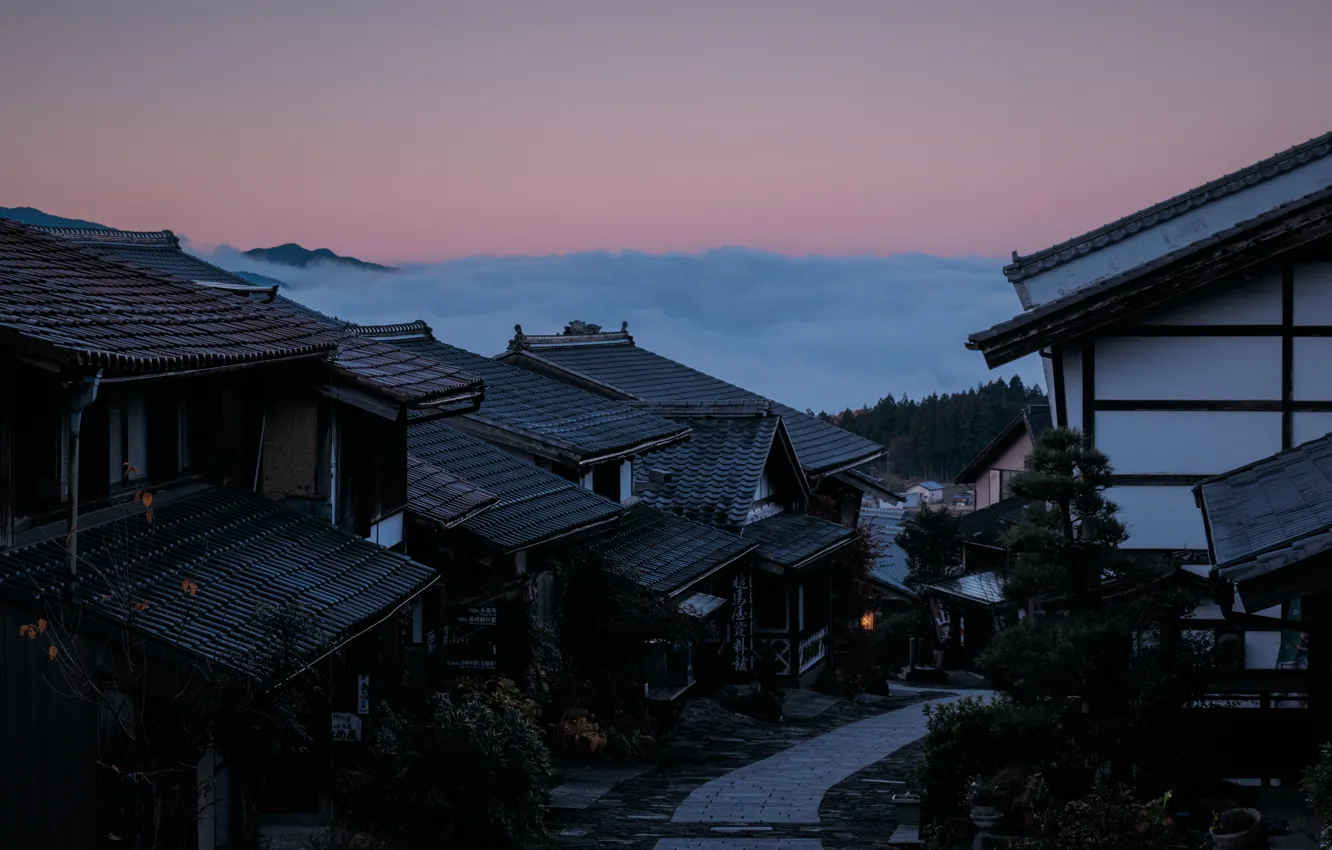 Фото обои city, Japan, house, twilight, sky, trees, sunset, clouds