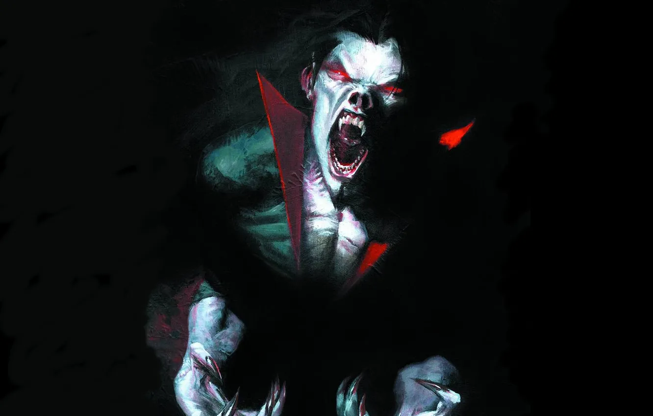 Фото обои Клыки, Вампир, Marvel Comics, Темный фон, Оскал, Морбиус, Morbius, The Living Vampire