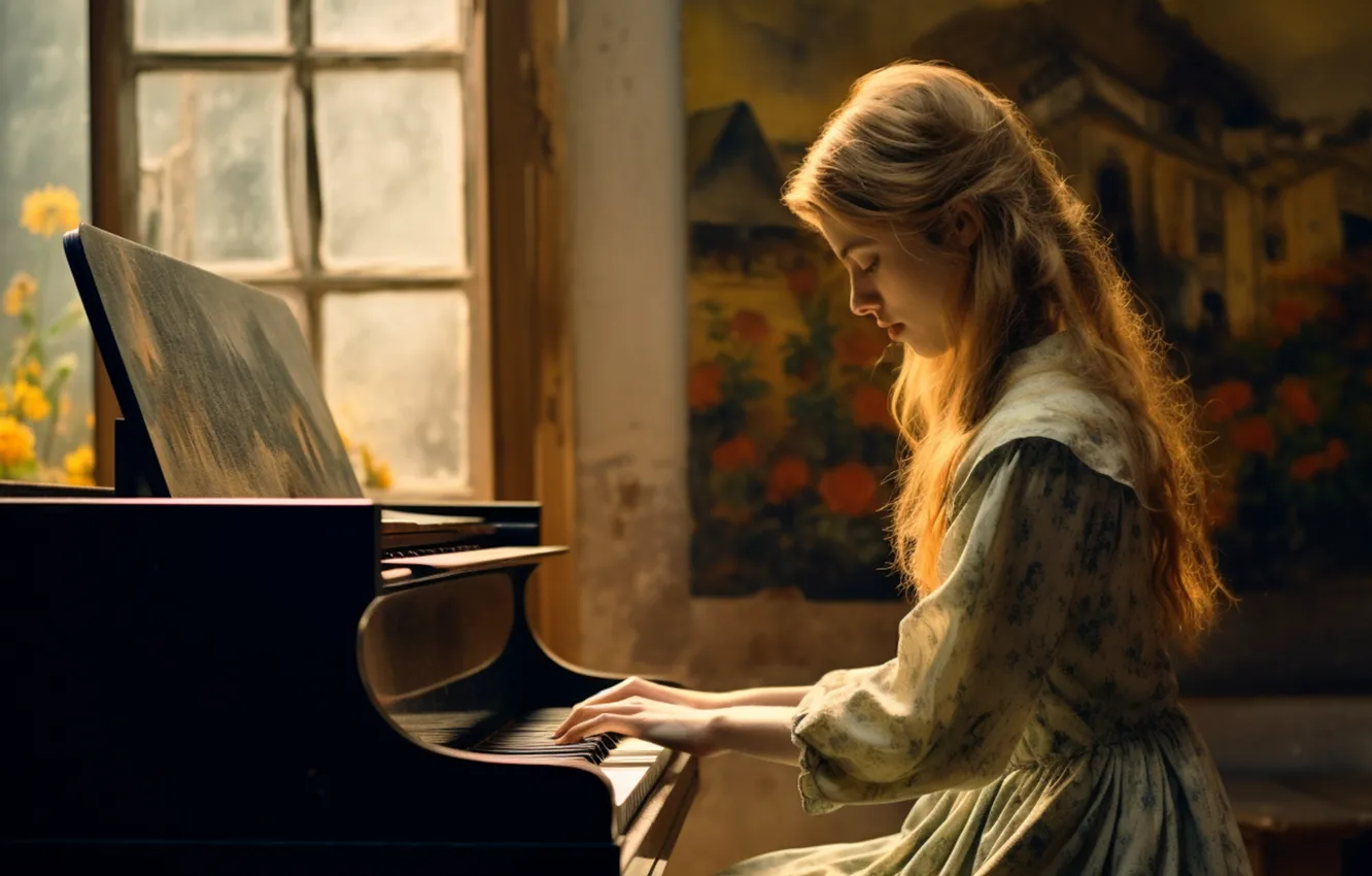 Фото обои girl, woman, piano
