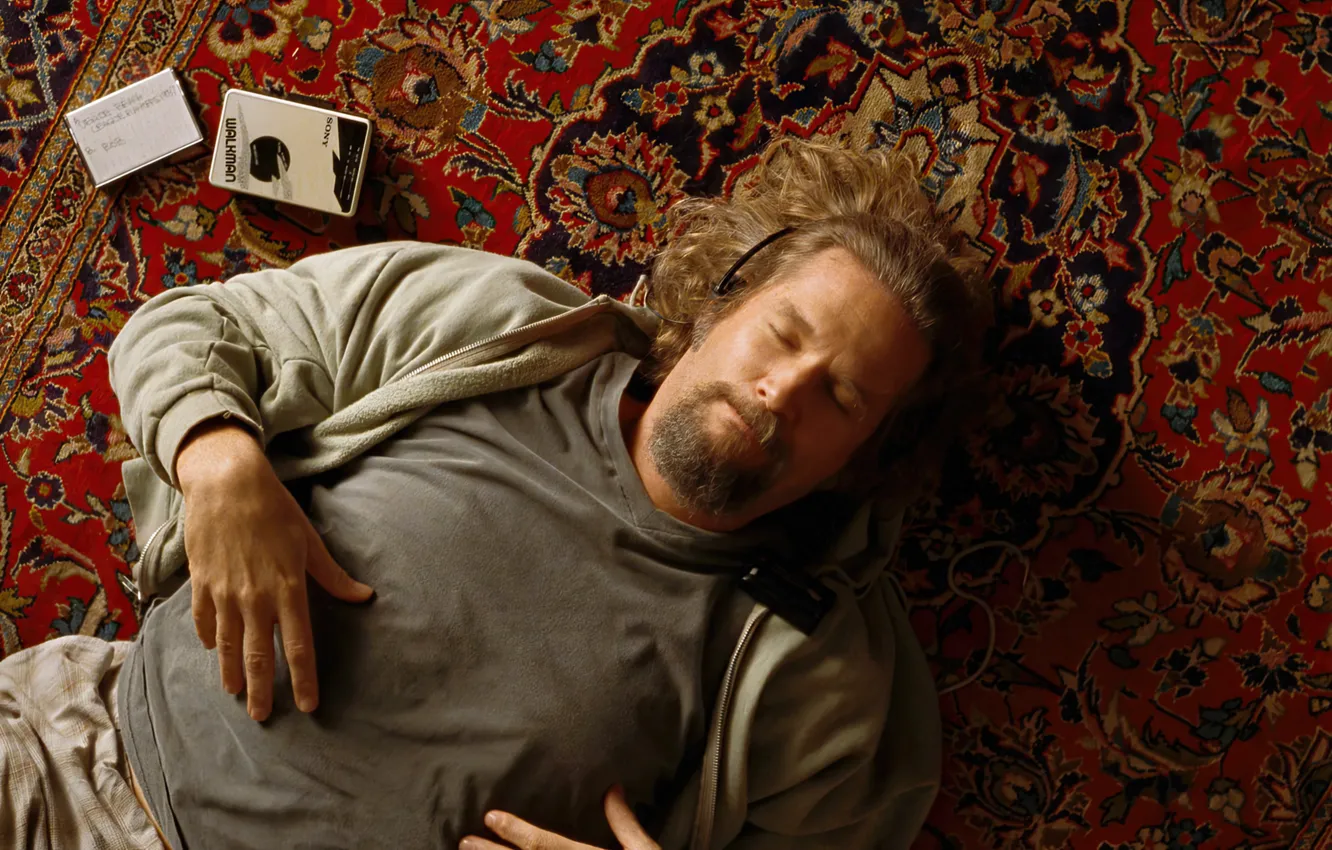 Фото обои actor, headphones, walkman, Jeff Bridges, carpet, Большой Лебовски, The Big Lebowski, beard