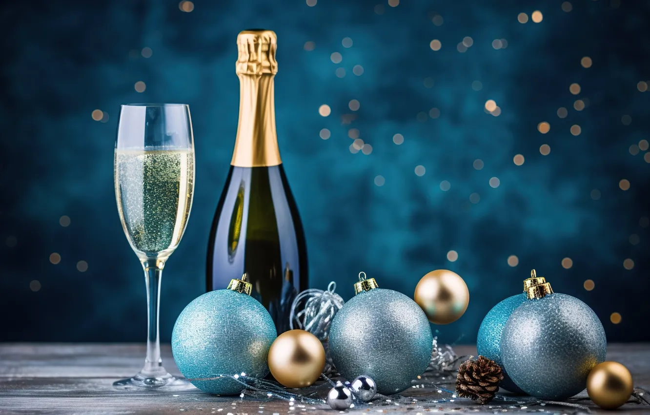 Фото обои украшения, золото, шары, Новый Год, бокалы, golden, new year, шампанское