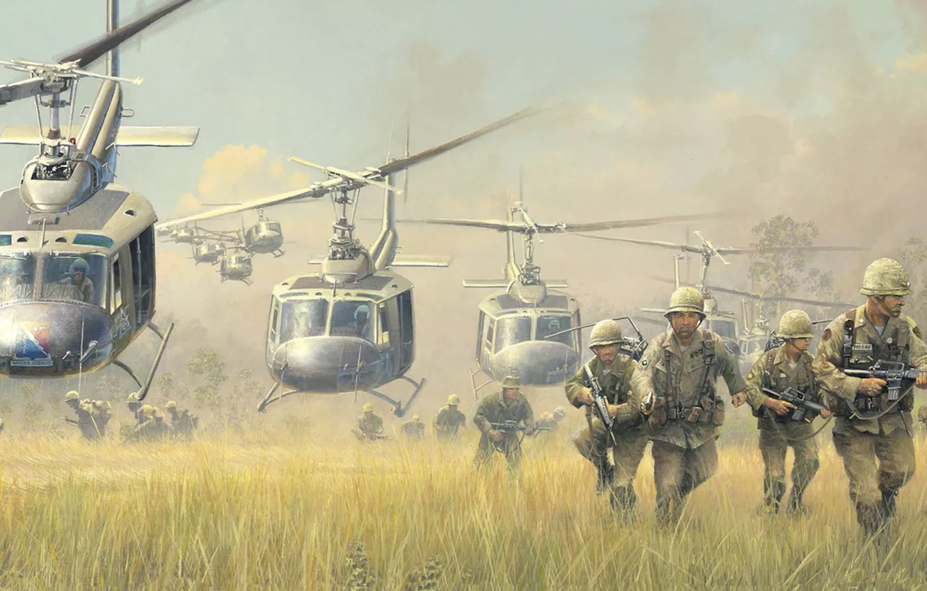 Фото обои война, рисунок, солдаты, высадка, Bell, вьетнам, кавалерия, вертолёты