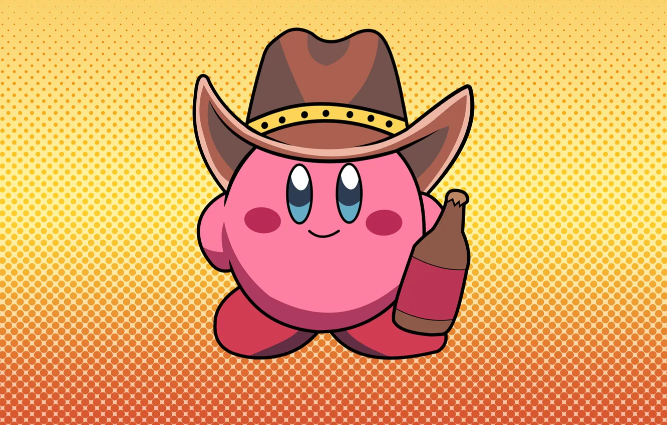 Фото обои vector, Nintendo, beer, yellow background, gradient, video games, Kirby, cowboy hats