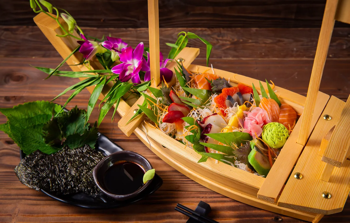 Фото обои рыба, рис, соус, суши, ассорти