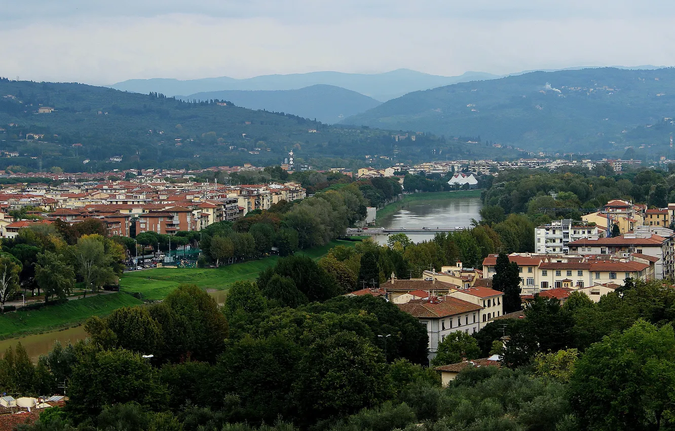 Фото обои деревья, пейзаж, горы, мост, река, дома, Италия, Florence