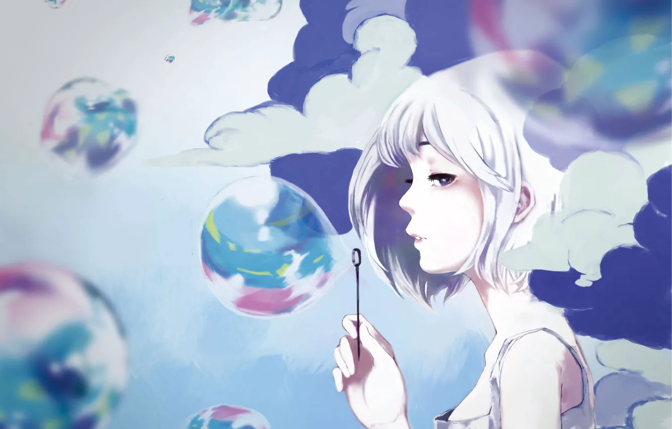 Фото обои девушка, облака, мыльные пузыри, by mochidukirei