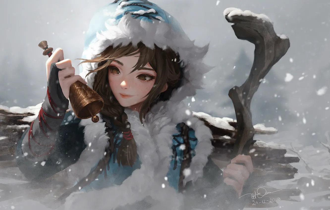 Фото обои зима, снег, вьюга, колокольчик, snow, Dao Le Trong, артЮ аниме