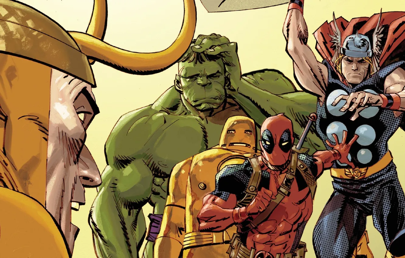 Фото обои красный, Халк, Hulk, Железный человек, Deadpool, Дэдпул, Iron man, comics
