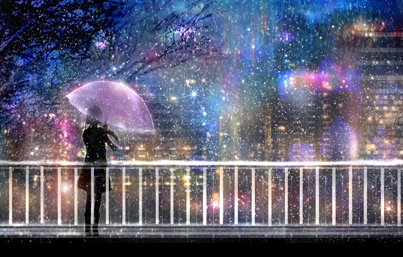 Фото обои свет, ночь, мост, город, огни, дождь, зонт, силуэт
