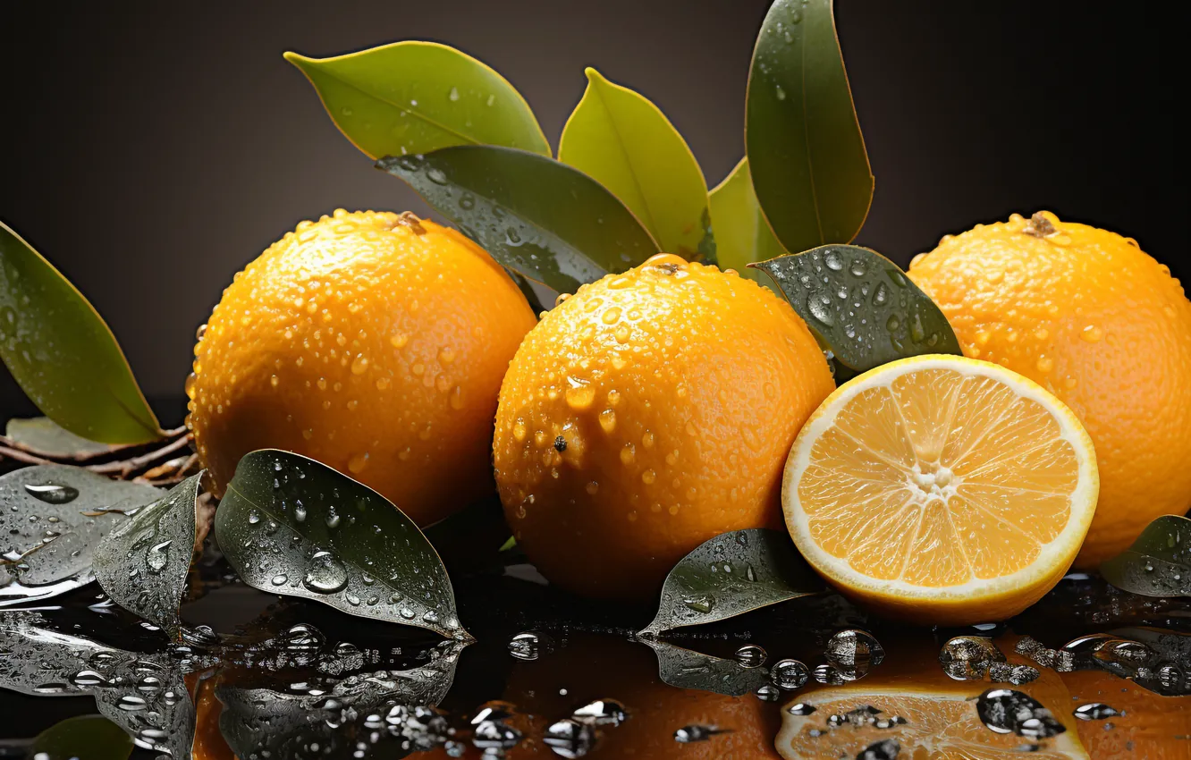 Фото обои листья, вода, капли, крупный план, стол, влага, апельсины, фрукты