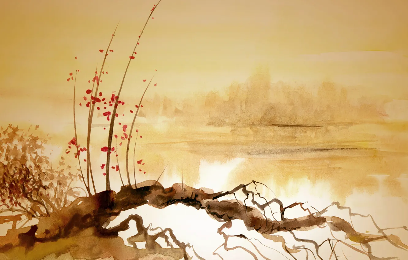Фото обои река, коряга, китайская живопись