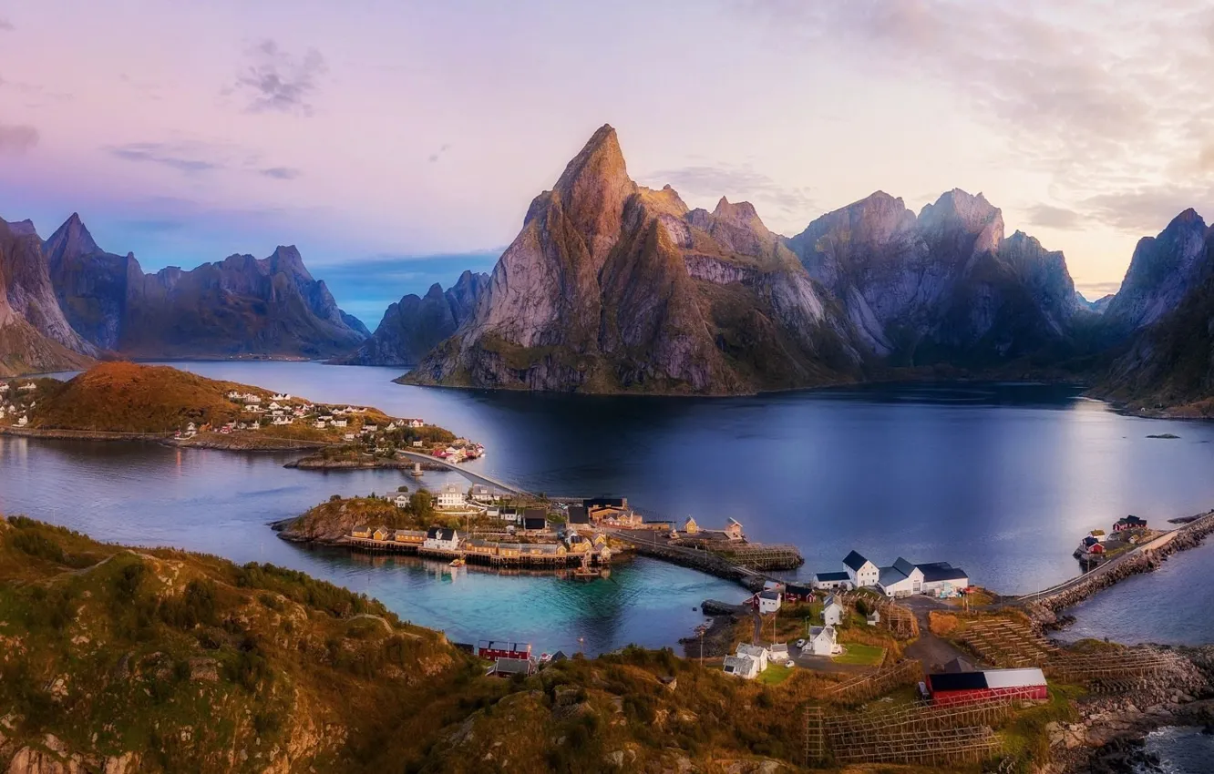 Фото обои природа, озеро, скалы, остров, высота, Норвегия, Norway, Лофотен