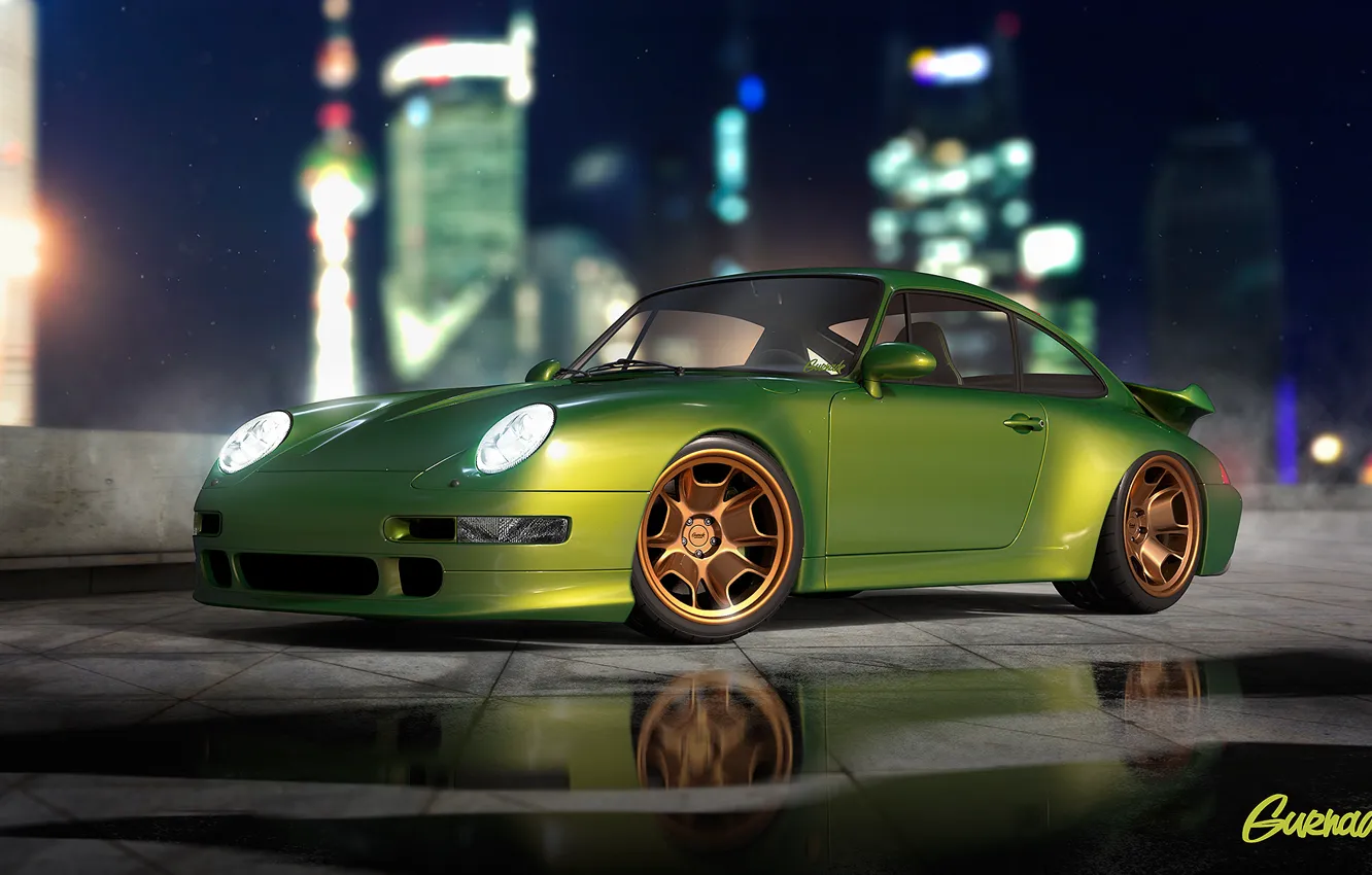 Фото обои Porsche, Green, Turbo, Modern, 993, by Gurnade