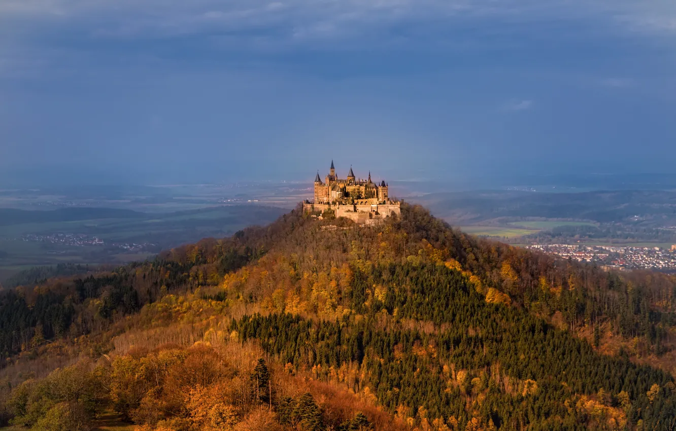 Фото обои осень, лес, замок, гора, Германия, долина, панорама, Germany