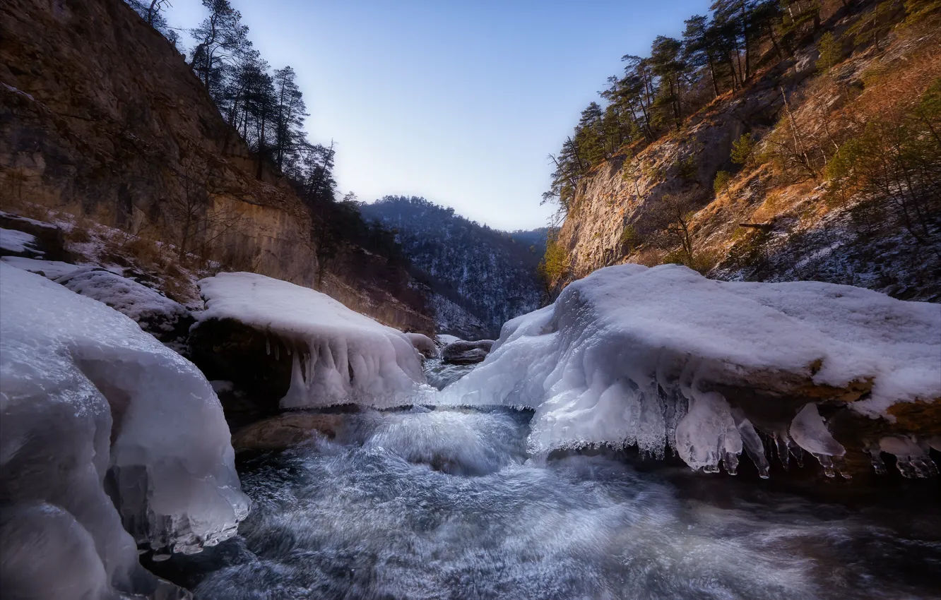 Фото обои пейзаж, горы, природа, река, лёд, КЧР, Карачаево-Черкессия, Алексей Богорянов