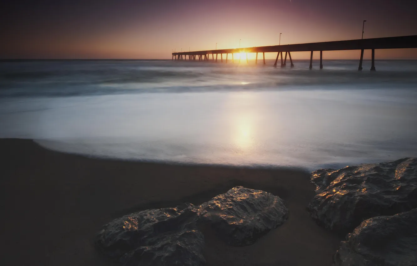 Фото обои пляж, океан, рассвет, пирс, California, USА, Pacifica
