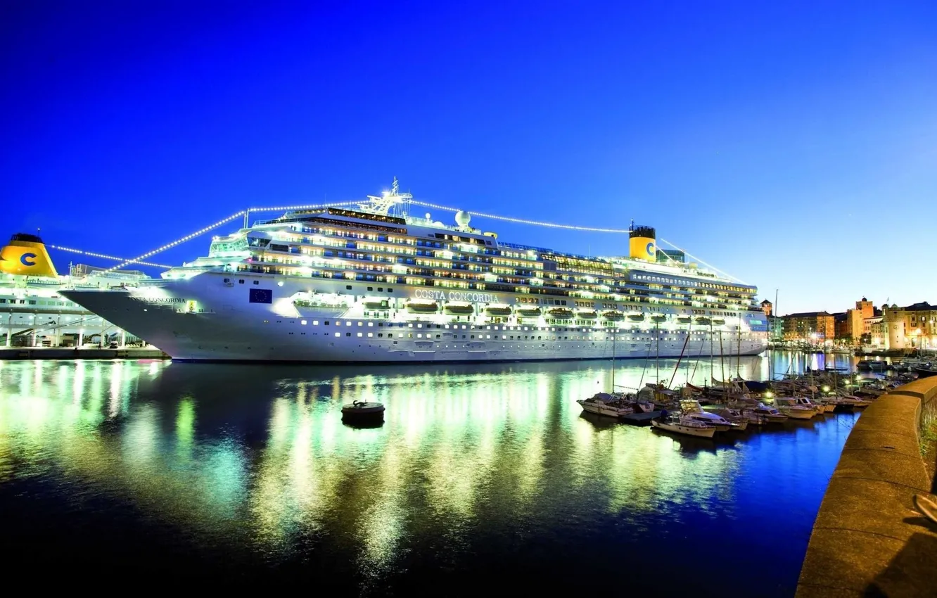 Фото обои ночь, порт, luxury, Costa Concordia, круизное судно, пятизвездочный