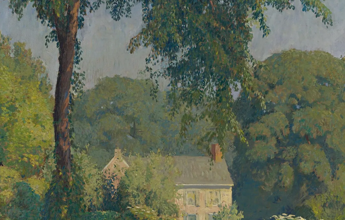 Фото обои деревья, пейзаж, дом, картина, Даниэль Гарбер, Летняя тишина