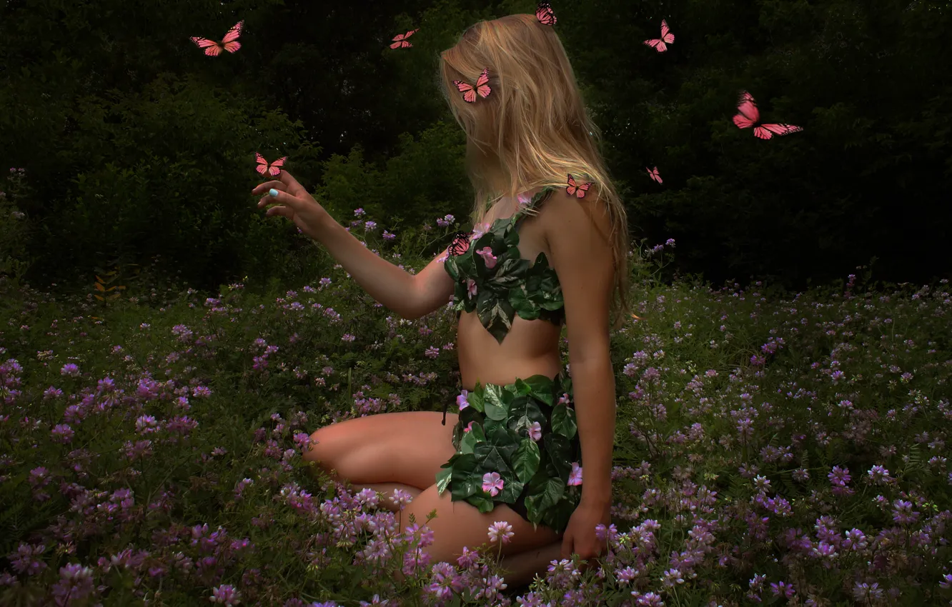 Фото обои лето, девушка, бабочки, природа, волосы, тело, фигура