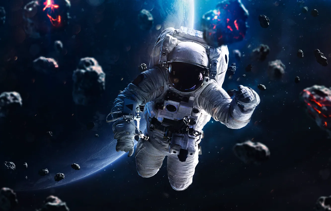 Фото обои космос, космонавт, метеорит, Blue horizon