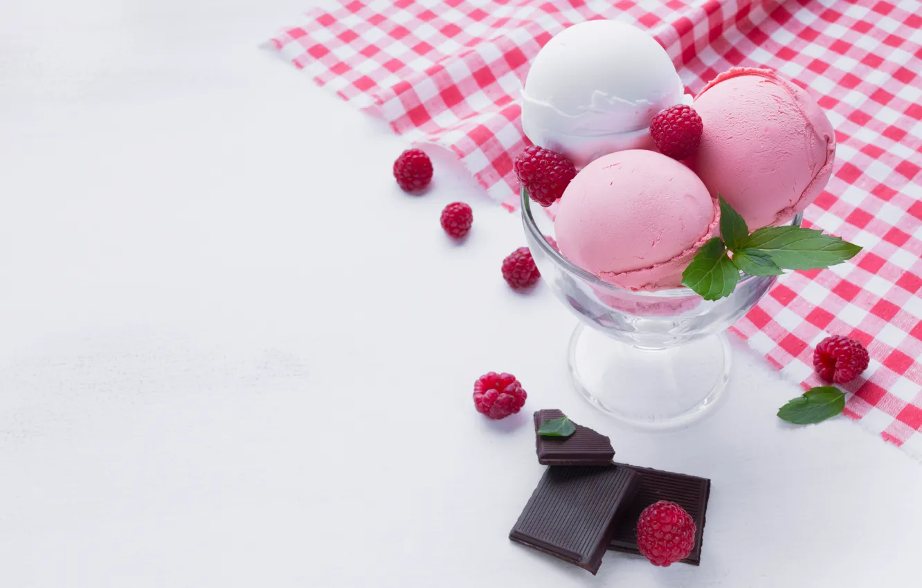 Фото обои ягоды, малина, шоколад, мороженое, десерт, салфетка, креманка