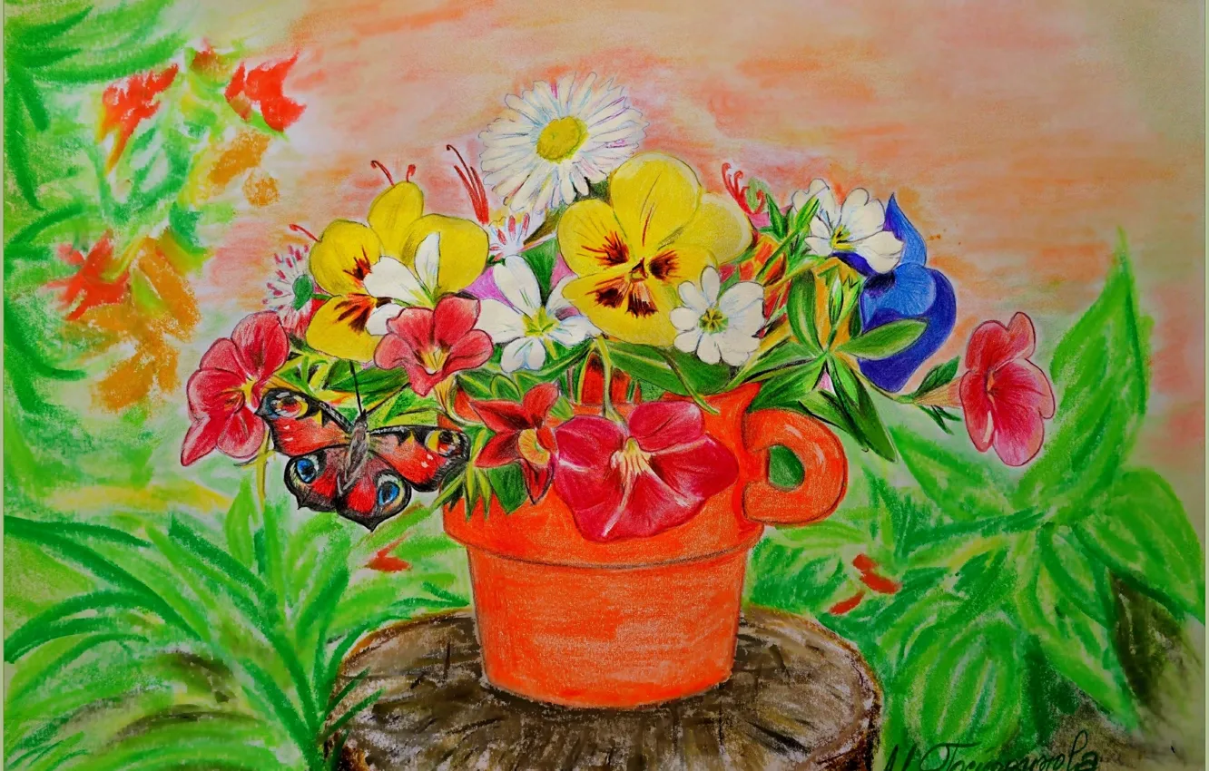 Фото обои Рисунок, Бабочка, Цветочки, Горшок, Flowers, Butterfly