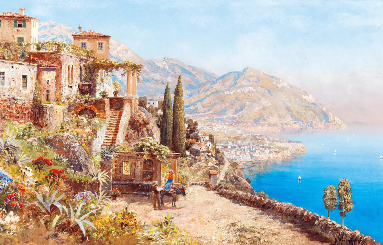 Фото обои Дома, Горы, Деревья, Картина, Побережье, Alois Arnegger, Алоис Арнеггер, Австрийский живописец